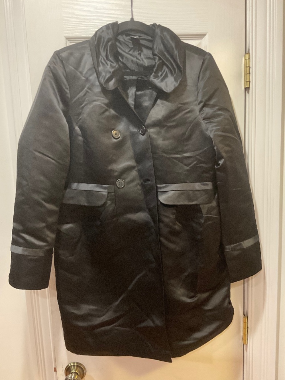 Apostrophe Black Satin Jacket L Ruffle Shawl Cotton Blazer